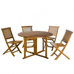 HANNA - Salon de jardin en bois teck huilé 4/5 personnes - 1 table ronde à rabats papillon et 4 chaises