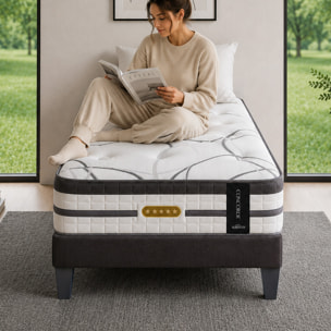 Ensemble Matelas Hybride Concorde & Sommier Tissu, Mémoire de forme & Ressorts ensachés, 26 cm, Technologie Tri-lattes, Soutien Ferme