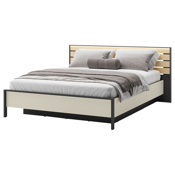 Kimi - lit coffre - 160x200 cm - sommier et port USB inclus - Beige / Noir