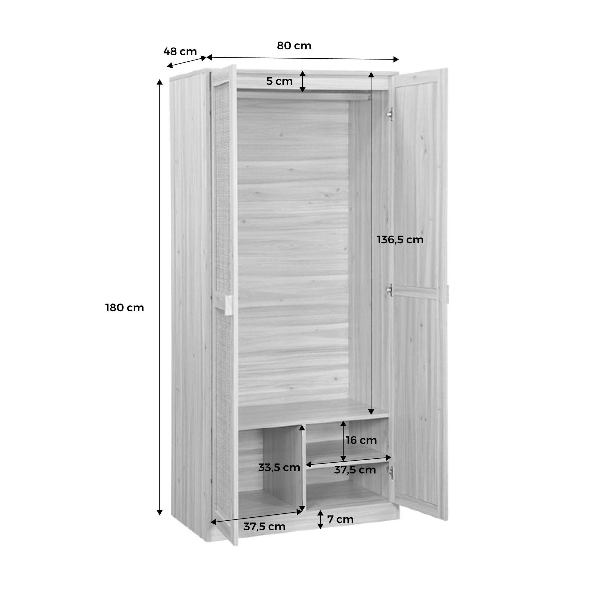 Armoire dressing cannage et effet bois. 2 portes avec penderie et rangements