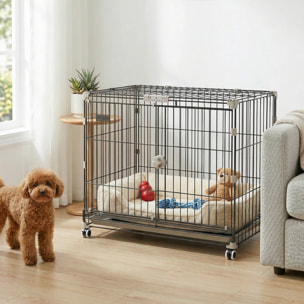 Cage pour Chien Pliable, Plateau Amovible, Roues avec Freins, Toit Ouvrant Verrouillable, Porte de Nourrissage, Niche Chien Interieur pour Petits et Moyens Chiens, 75,5x46x64,5cm, Noir