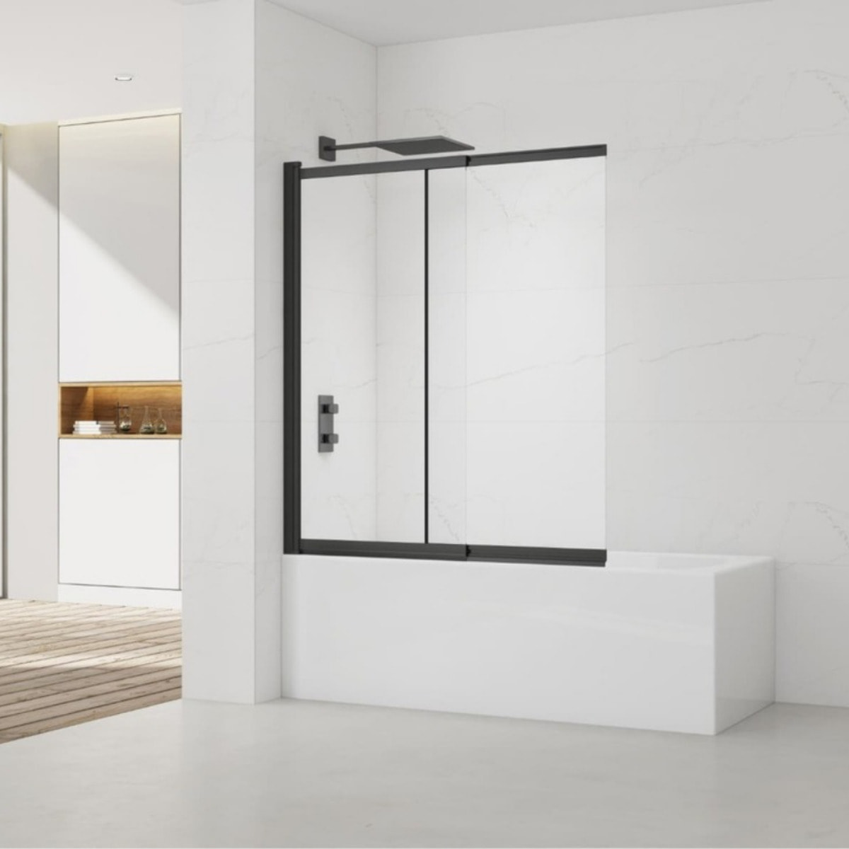 Swiss Aqua Technologies Vision 140x120 cm pare-baignoire coulissant en verre, traitement Easy Clean, noir (SATVZVI120CT)