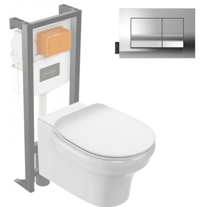 Pack WC suspendu sans bride à économie d'eau Cléo 1889 +  abattant + bâti-support + plaque rectangle chromé