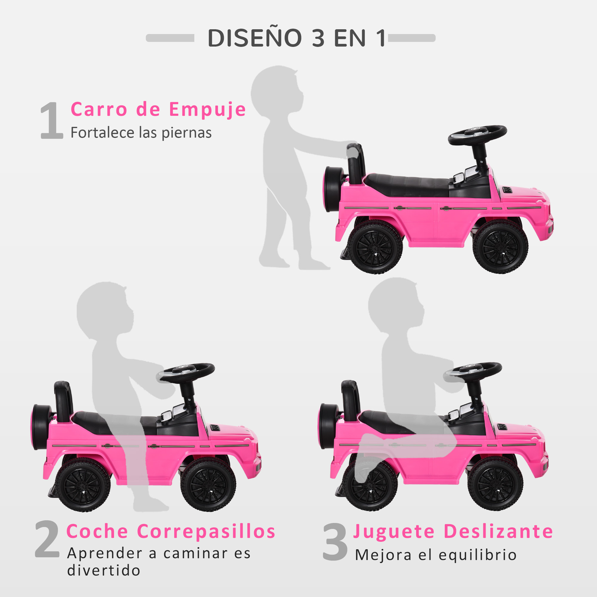 Correpasillos para Bebés de 12 a 36 Meses Coche Correpasillos Licencia Mercedes G350 con Compartimento de Almacenaje y Volante Carga 25 kg 62,5x28,5x45 cm Rosa