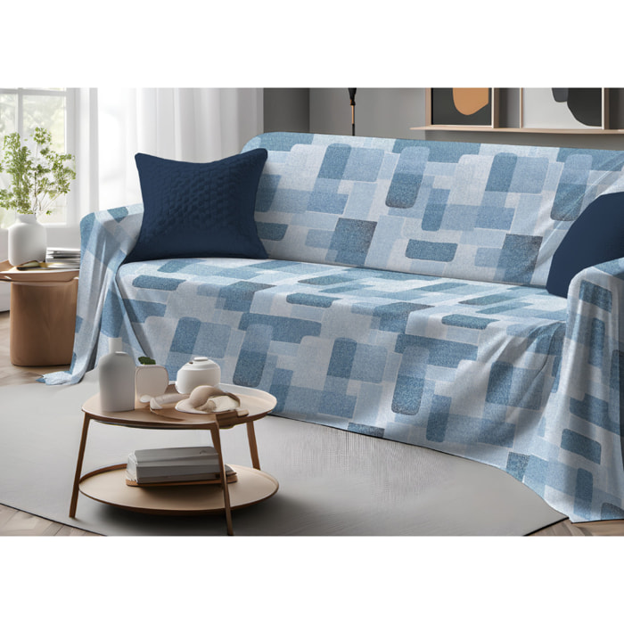 Telo Arredo Copritutto Grand Foulard Copridivano Copriletto 100% Cotone Disegno Brick Azzurro