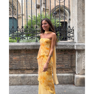 Vestido largo palabra de honor con diseño de tres capas