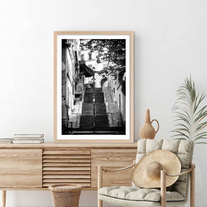Affiche Paris, rue de Montmartre Affiche + cadre en bois - Chêne