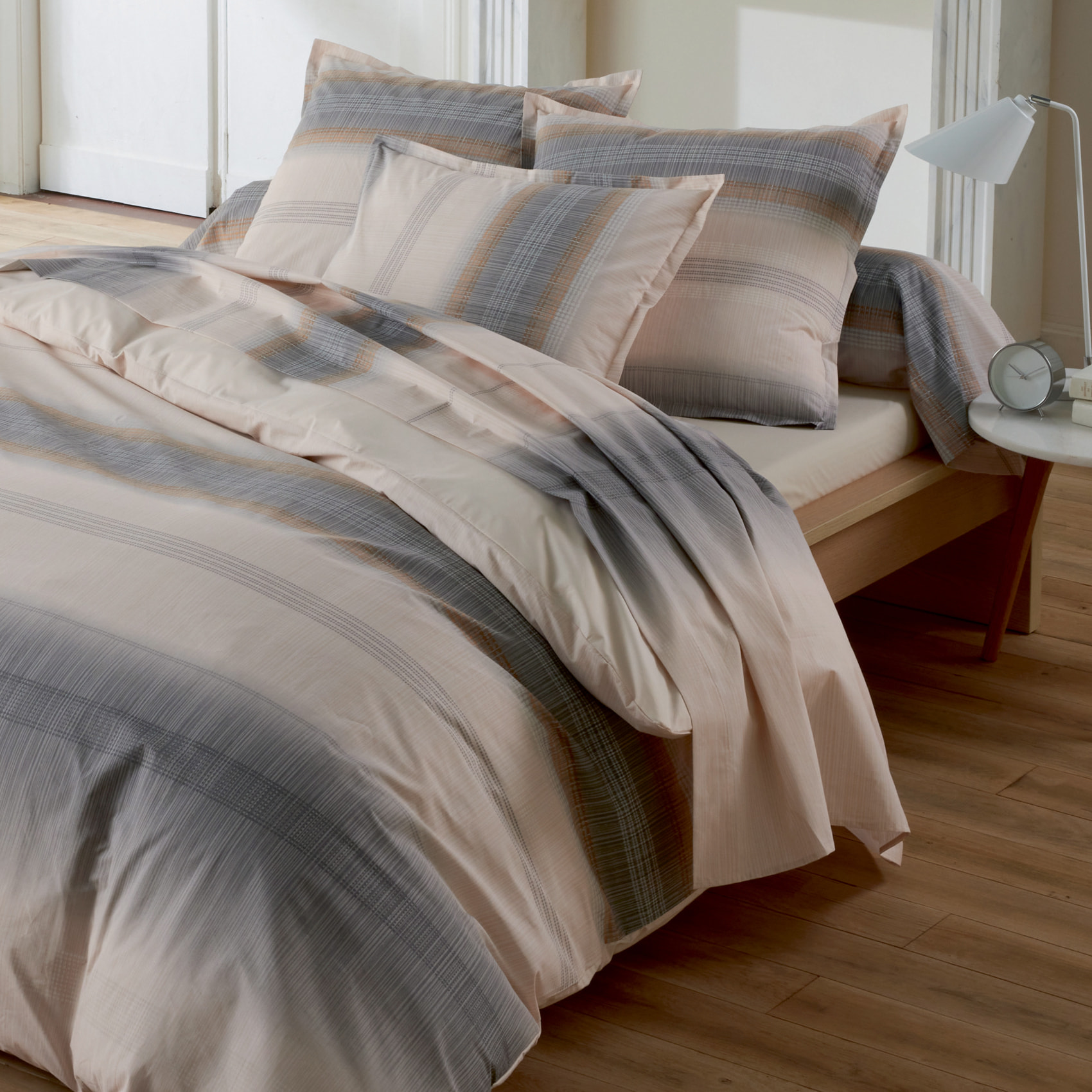 Drap plat percale de coton dégradé rayé - Beige