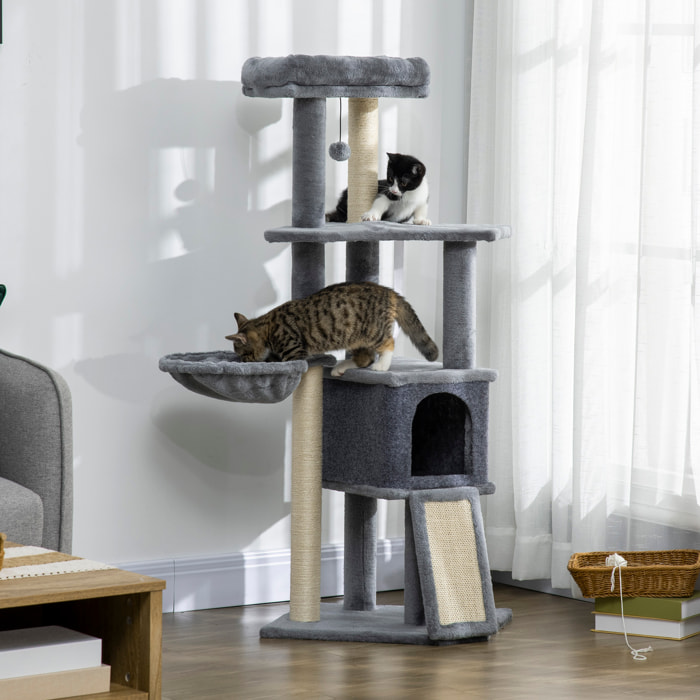 Árbol Rascador para Gatos, Árbol para Gatos 127 cm, Torre Escalador con Cueva, Hamaca, Cama, Plataformas, Rampa de Sisal, Bola Colgante, Gris