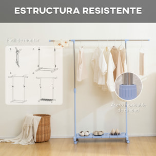 Tendedero Extensible con Ruedas, Tendedero de Ropa con Barra de Acero Inoxidable y Estante para Zapatos, Altura Ajustable, para Interior, Azul y Plata