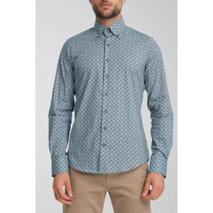 Camicia Uomo 2 Bottoni Button Down Slim Popeline Stretch Stampato Piombo Turchese Chiaro