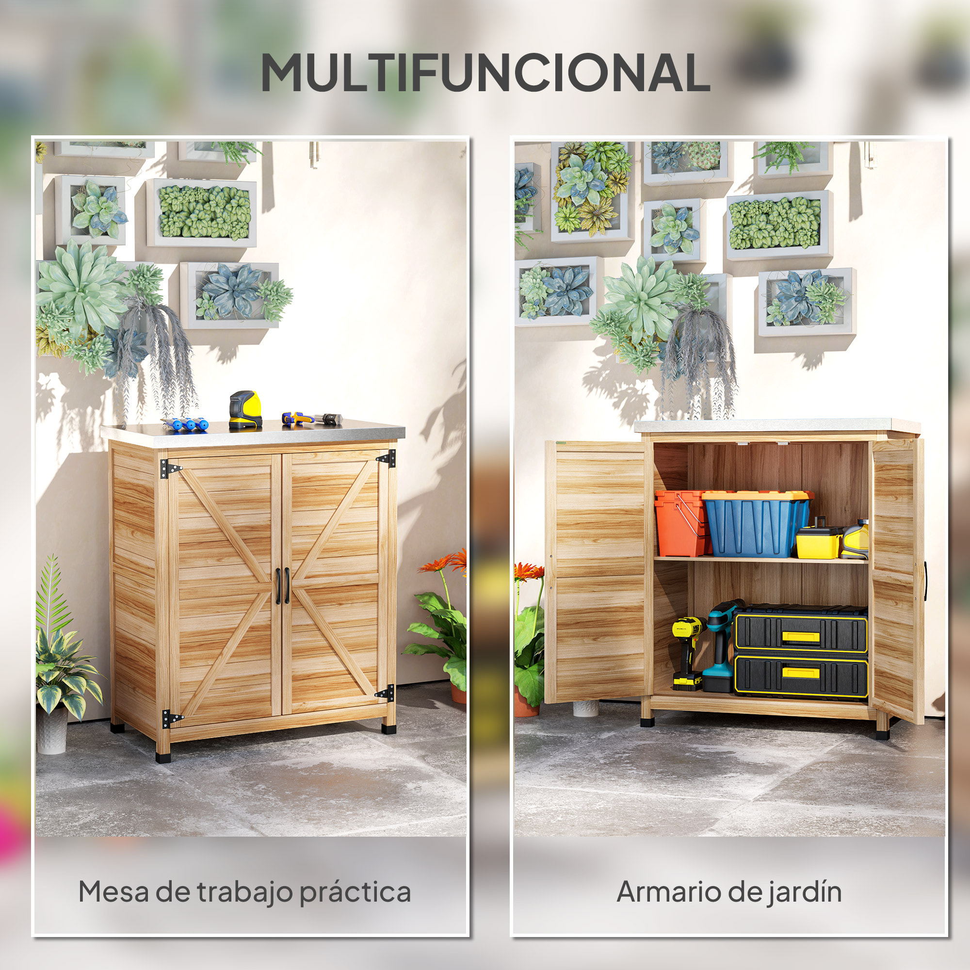 Armario de Exterior de Madera, Caseta de Jardín Exterior con Techo de Acero Galvanizado, Estante, 2 Puertas, Cobertizo de Jardín para Almacenamiento de Herramientas, 79x43x92 cm, Natural