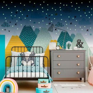 Stickers muraux enfants - Décoration chambre bébé - Autocollant Sticker mural géant enfant montagnes scandinaves MONTAGNES ZISKA + 100 ÉTOILES PHOSPHORESCENTES