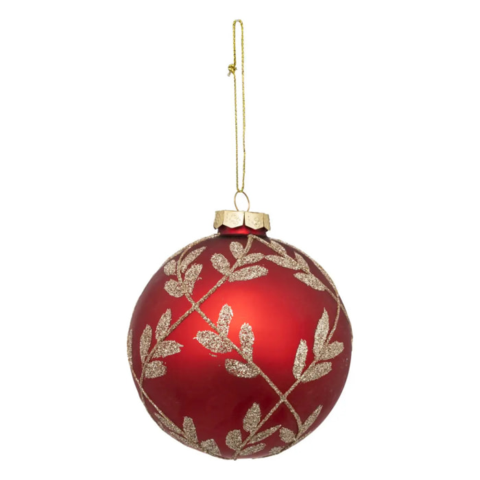 Boule de noël rouge avec feuilles dorées en verre 80mm