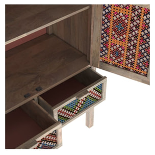 Armoire 2 portes 2 tiroirs en manguier et cannage coloré - Massaï