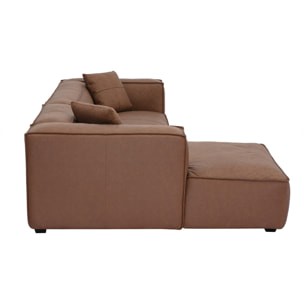 Canapé d'angle gauche vintage 4-5 places en cuir marron et bois noir COBAIN