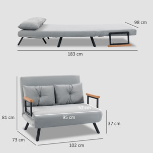 Sofá Cama de 2 Plazas 4 en 1, Sofá Cama Plegable Tapizado en Terciopelo con Respaldo Ajustable de 5 Niveles y Almohadas Acolchadas, para Oficina, Dormitorio, Salón, 102x73x81 cm, Gris Claro