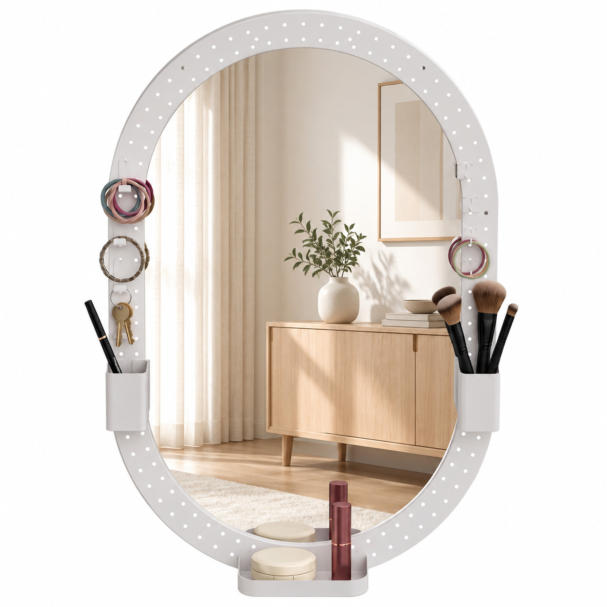 Espejo de Pared Ovalado 90x60 cm con Panel Perforado, Espejo Decorativo Pared para Salón, Dormitorio, Recibidor Entrada, Blanco