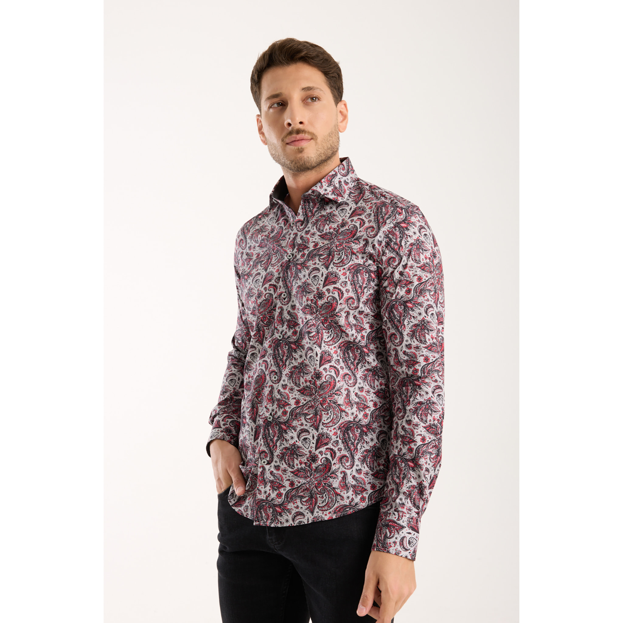 Camicia Uomo 1 Bottone Francese Slim Popeline Stretch Stampato Grigio Chiaro e Rosso