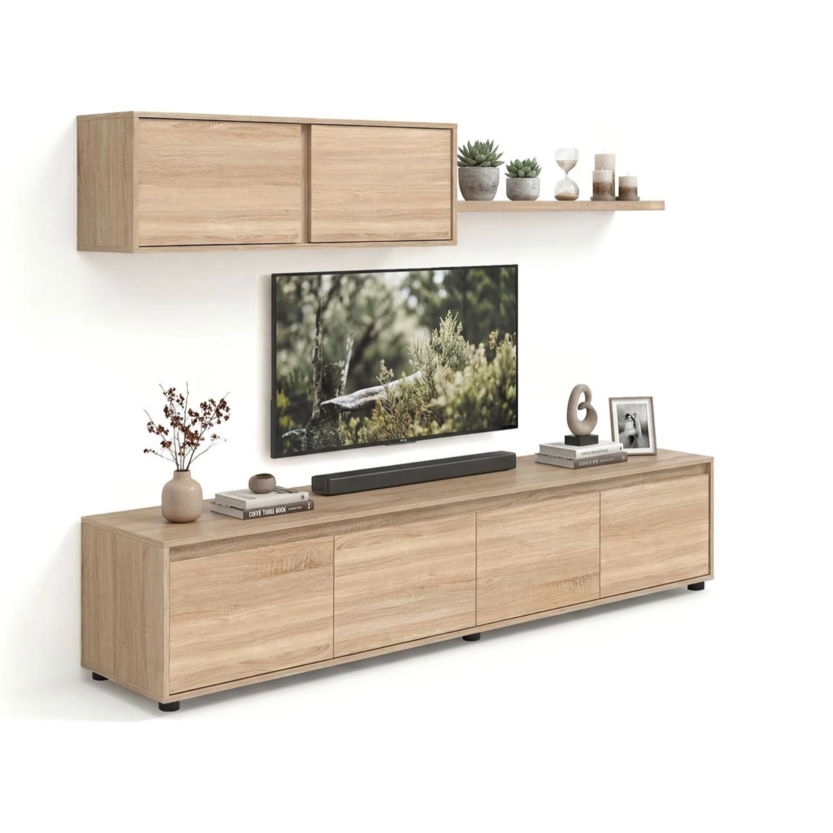Salón con mueble de TV y estantería en roble canadian 200 cm Arlet Roble Canadian