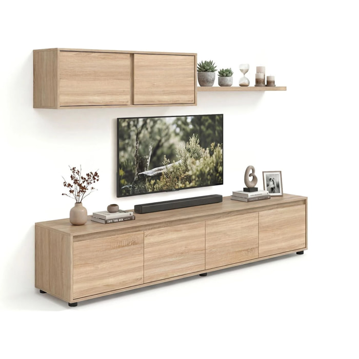 Salón con mueble de TV y estantería en roble canadian 200 cm Arlet Roble Canadian