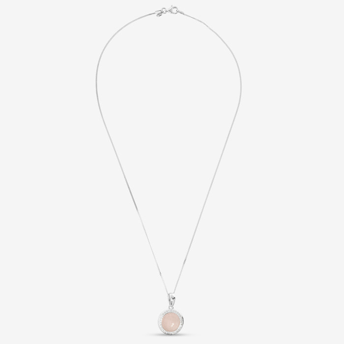 Collana in Argento 925 con Pendente Tondo in Quarzo Rosa e Cubic Zirconia
