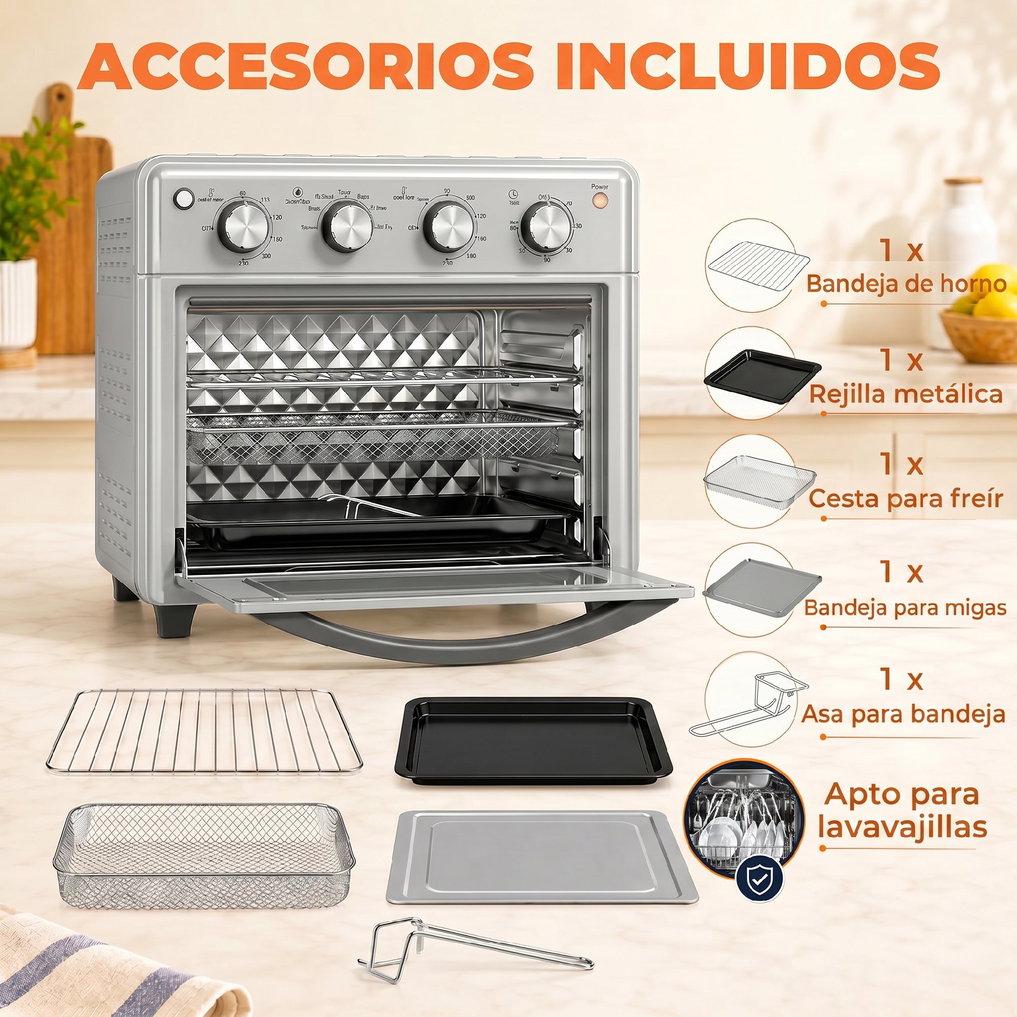 Horno Eléctrico Multifunción de Sobremesa 30L Mini Horno Tostador 1600W Freidora de Aire con 7 Modos de Calor Temporizador y Temperatura Regulable 43x39x39 cm Plata