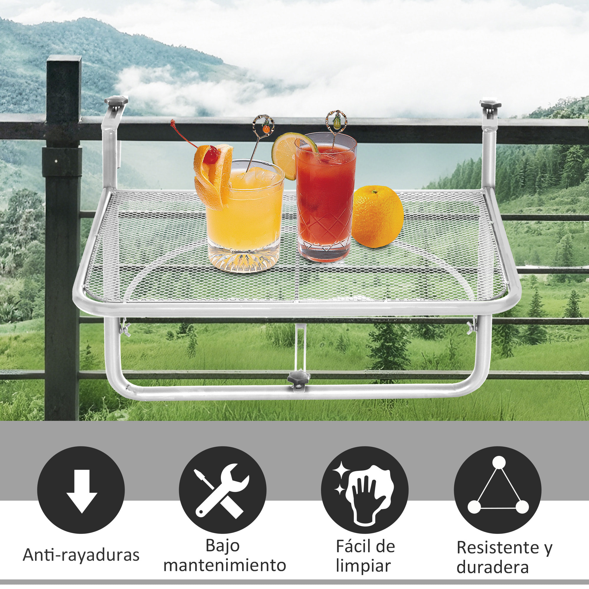 Mesa Colgante de Balcón con Brazo Regulable y Altura Ajustable en 3 Posiciones Marco Metálico Carga Máx. 30 kg 60x56x50 cm Blanco