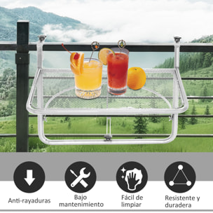 Mesa Colgante de Balcón con Brazo Regulable y Altura Ajustable en 3 Posiciones Marco Metálico Carga Máx. 30 kg 60x56x50 cm Blanco