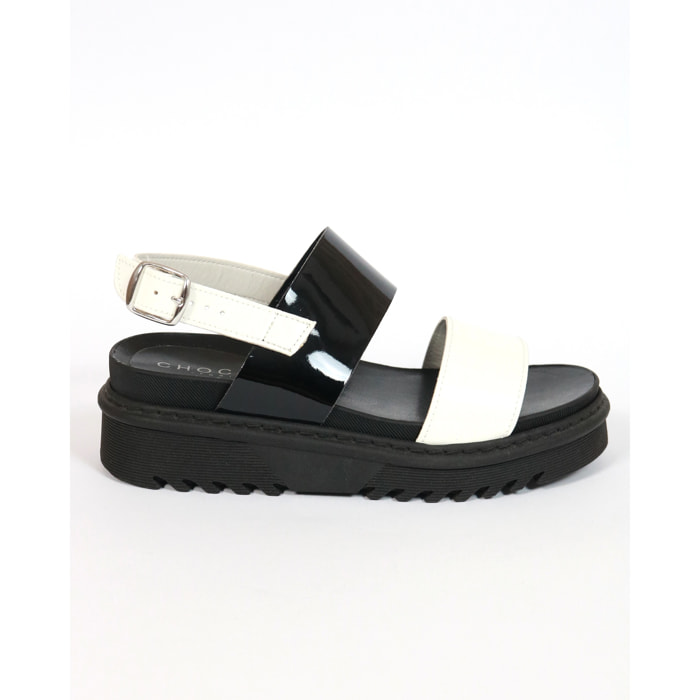 SANDALO FLATFORM DOPPIA FASCIA CHOCOLA' NERO E BIANCO