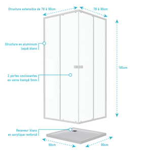 Pack porte de douche coulissante blanc de 78 à 90x185cm + receveur 90x90 - WHITY SLIDE
