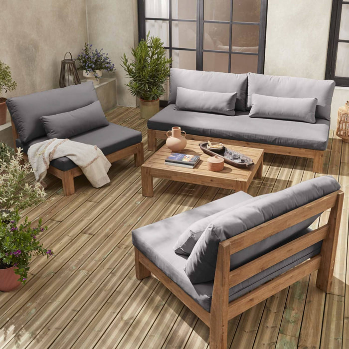 Salon de jardin XXL en bois brossé. effet blanchi – BAHIA – coussins anthracite. ultra confortable. 5 places