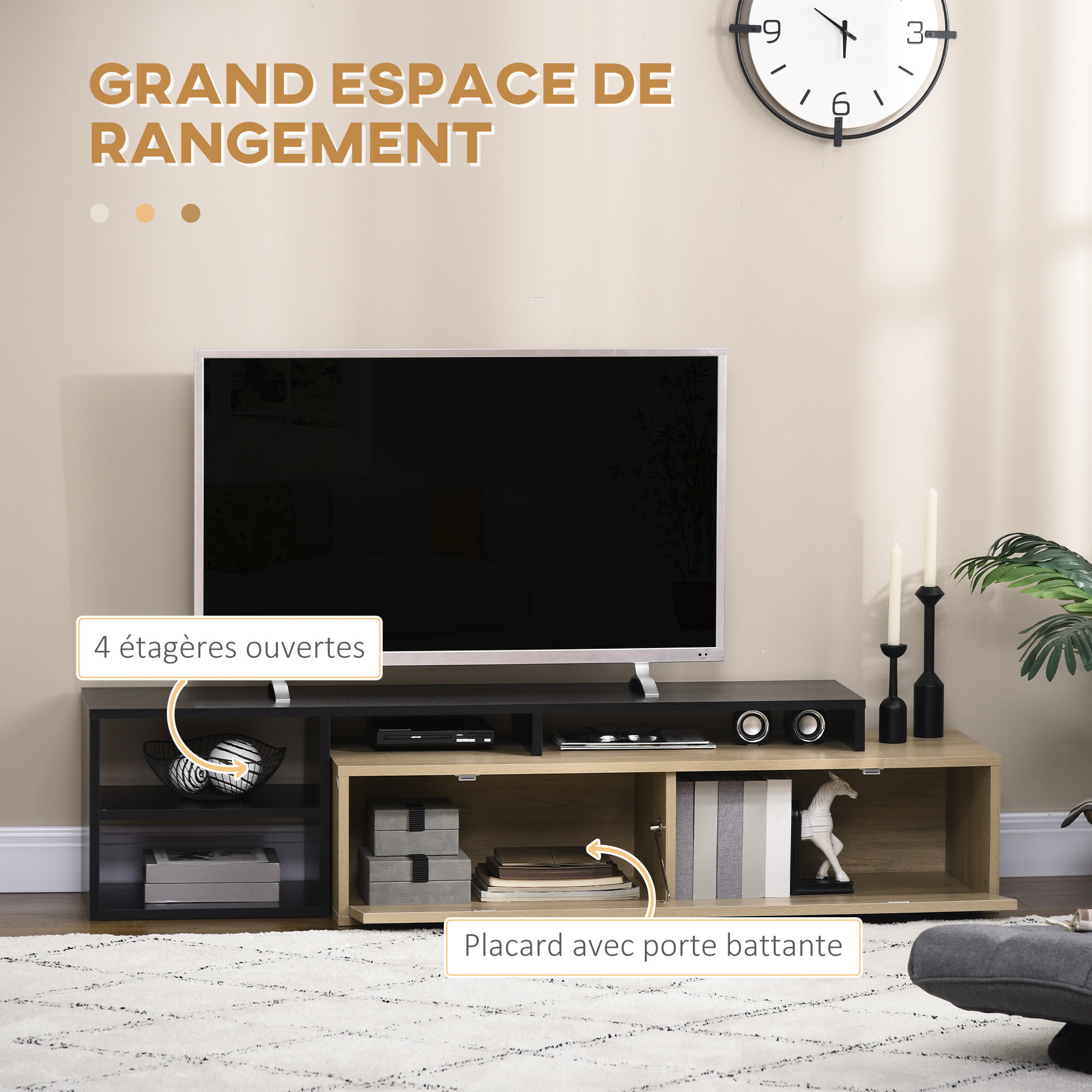 Meuble TV réversible design contemporain porte abattante 2 compartiments 4 niches MDF aspect chêne clair noir