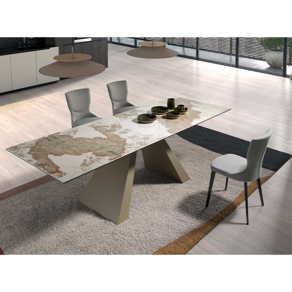 Mesa comedor extensible rectangular con tapa de mármol porcelánico blanco con vetas en tonos tierra en acabado brillo 180x90x76cm