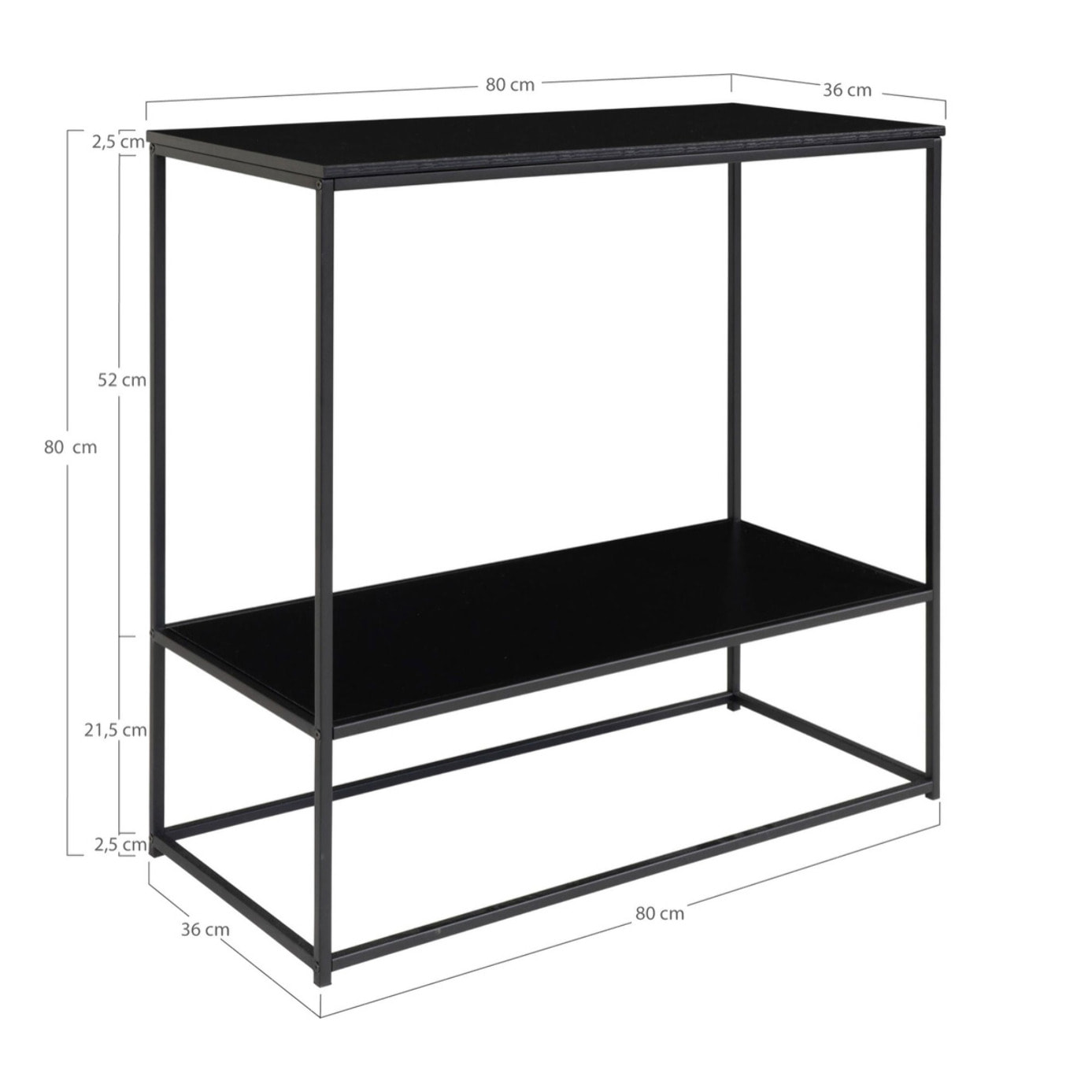 Consolle Vita a 2 ripiani in nero con struttura in acciaio, 80×36×80 cm
