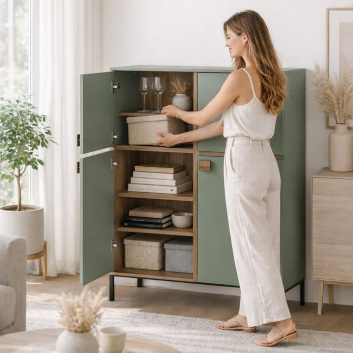 Madia Alta 4 Ante Mobile Soggiorno Moderno Con 4 Ripiani Interni E Piedini Neri Design Elegante Sala Da Pranzo 108 x 144 x 40 Cm Colore Verde E Rovere