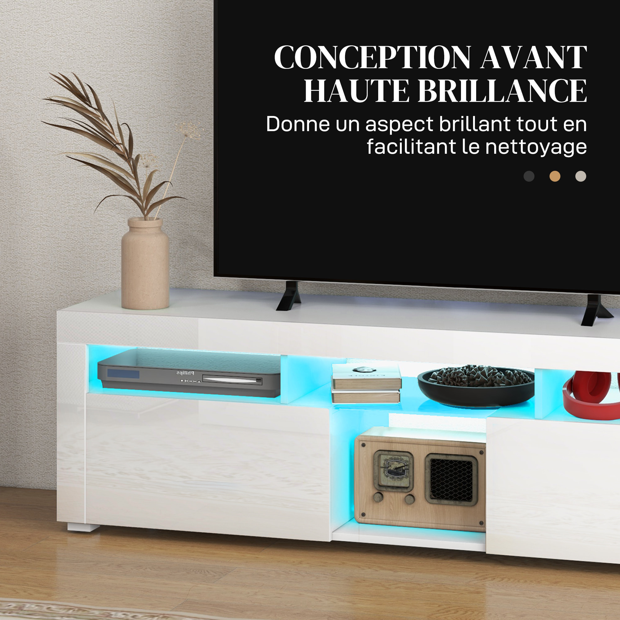 Meuble TV design LED - 55 pouces max. - 2 portes, 4 niches - dim. 150L x 38l x 45H cm - blanc laqué