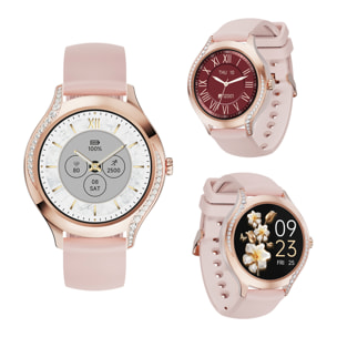 Smartwatch T214 compacto y elegante. Llamadas BT, notificaciones push. Monitor de salud, ciclos femeninos. Modos deportivos.