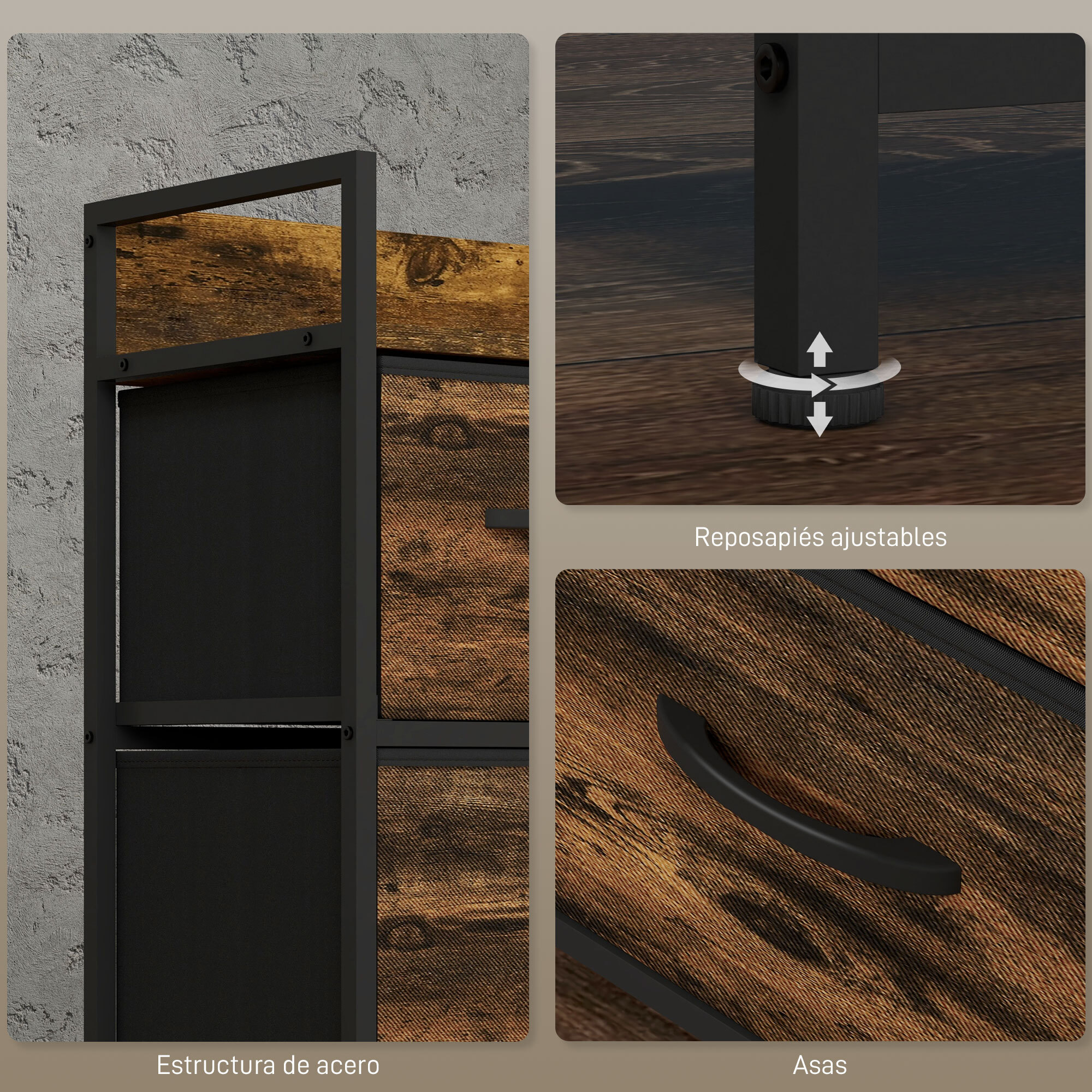 Mueble Organizador Cajonera de Tela con Cajones Plegables y Marco de Acero Estilo Industrial para Salón Recibidor Dormitorio 98x29x63 cm Marrón Rústico