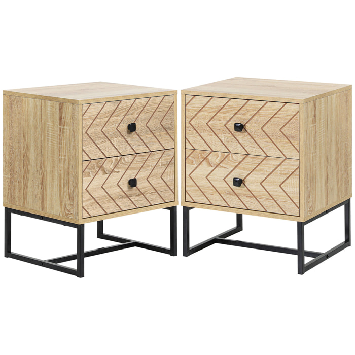 Conjunto de 2 Mesitas de Noche Mesillas de Noche con 2 Cajones y Patas de Metal Estilo Moderno para Dormitorio Salón Oficina 48x39,5x60 cm Natural