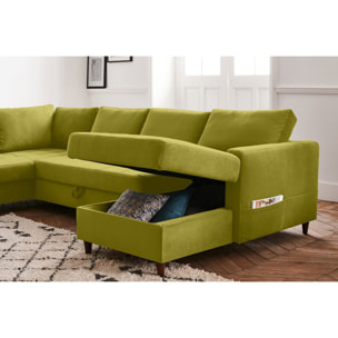 Anna - canapé panoramique d'angle gauche - 7 places - convertible avec coffre - en velours - Vert Olive