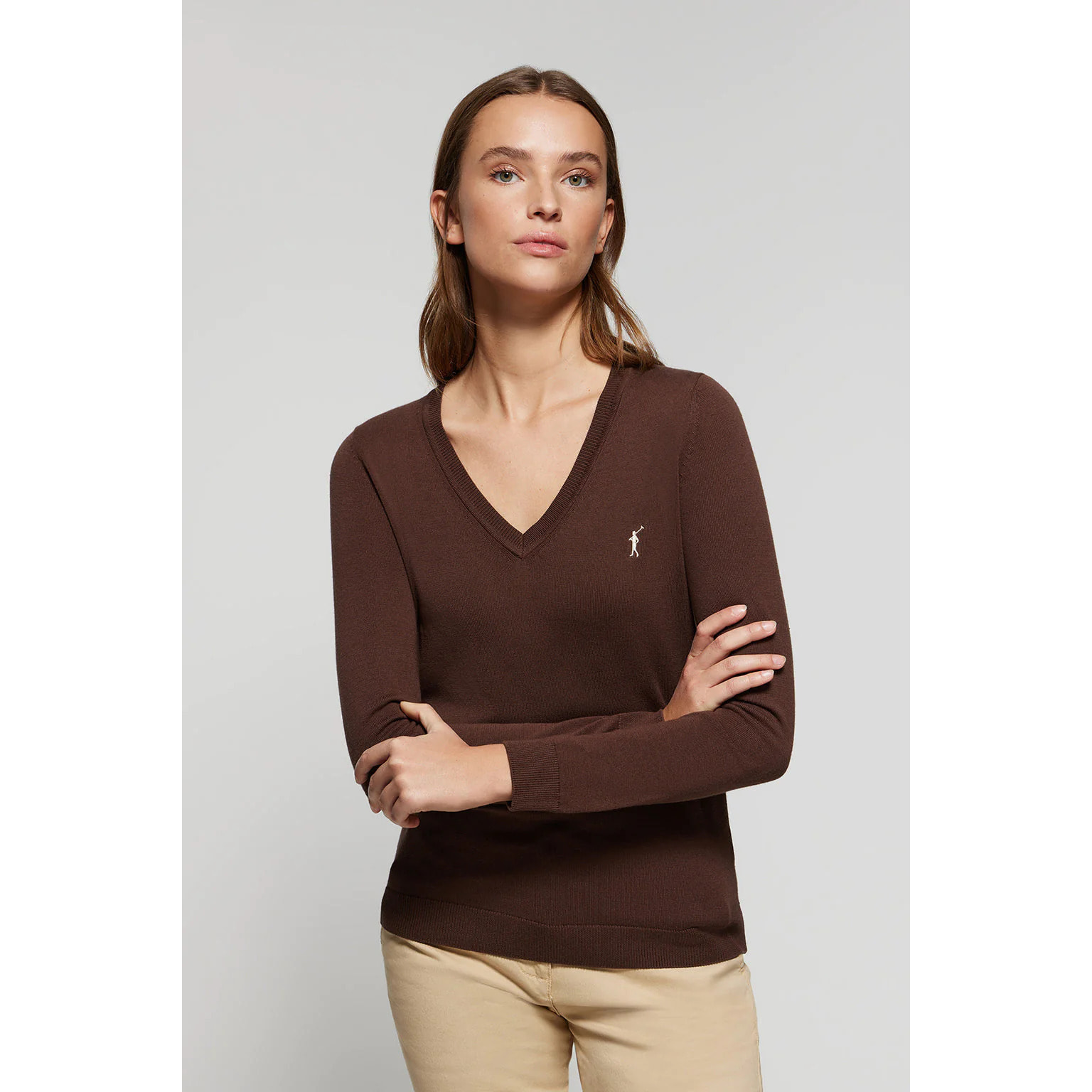 Maglione marrone in maglia basic con collo a V e logo Rigby Go