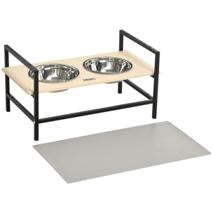 Gamelle double chien porte-gamelles surélevé réglable 2 gamelles acier inox et tapis inclus acier noir aspect bois clair