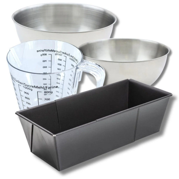 Set pâtisserie avec moule à cake extensible, 2 bols à mixer, verre mesureur et spatule Zenker