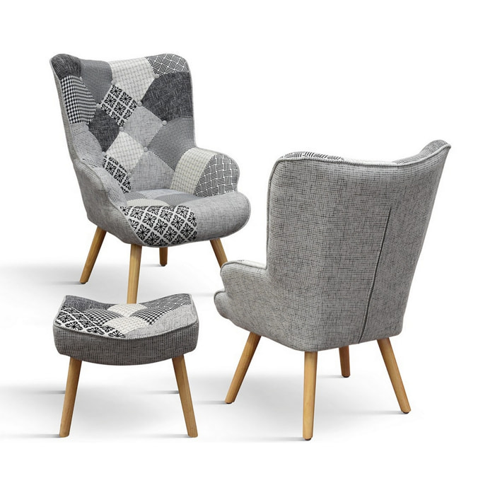 Poltrona HAVANA in tessuto patchwork grigio e gambe in legno, con poggiapiedi