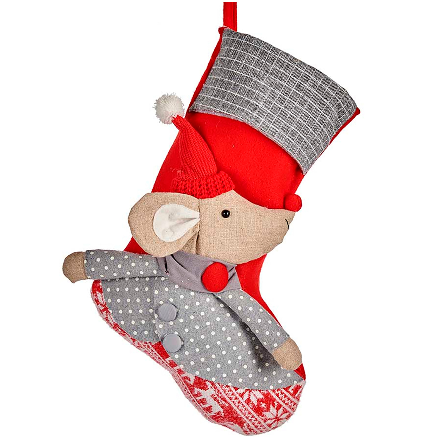 Calcetín navideño gris con diseño de ratón.