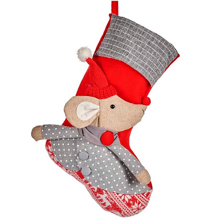 Calcetín navideño gris con diseño de ratón.