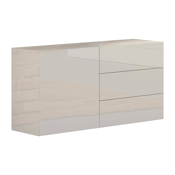 Credenza moderna a 1 anta e 3 cassetti, Made in Italy, Madia da cucina, Buffet di design da soggiorno, cm 110x40h35, colore Bianco lucido