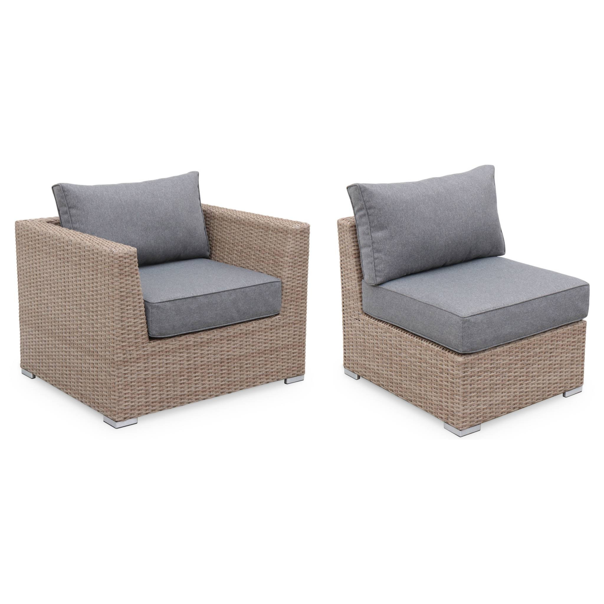 Salon de jardin Premium en résine tressée arrondie – VINCI – Résine naturelle style osier. coussins gris foncé – 5 places. haut de gamme