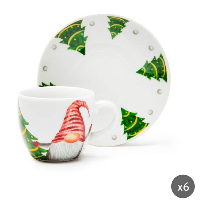 Coffret 6 tasses à café avec soucoupes Excelsa – Gnomo Friends, Porcelaine Blanche